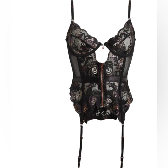 Coquette Black Lacey Zip Up Corset with Attached Garters Lace Up Back XL - Picture 13 of 16